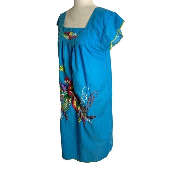 Vintage Embroidered Mexican Shift Dress S Blue Short Sleeves Parrot Square Neck - Picture 6 of 6